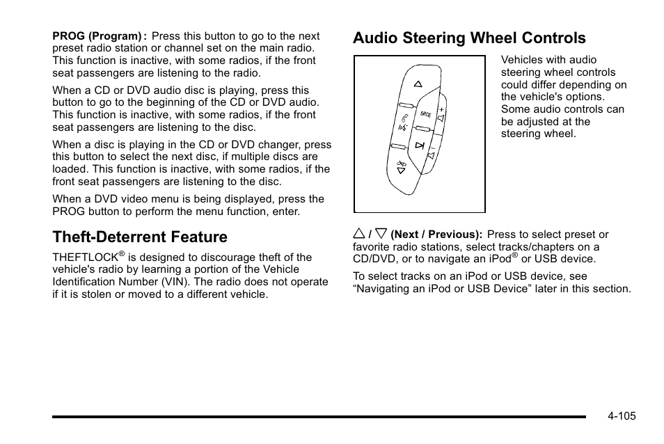 Theft-deterrent feature, Audio steering wheel controls | Cadillac 2010 Escalade User Manual | Page 297 / 614