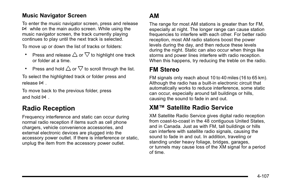 Radio reception, Radio reception -107, Fm stereo | Xm™ satellite radio service | Cadillac 2010 Escalade User Manual | Page 299 / 614