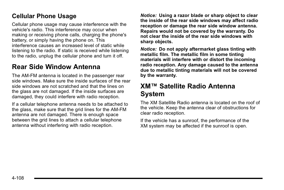 Rear side window antenna, Xm satellite radio antenna system, Xm™ satellite radio antenna system | Cellular phone usage | Cadillac 2010 Escalade User Manual | Page 300 / 614