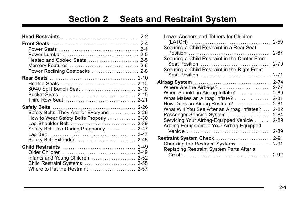 Seats and restraint system, Seats and restraint system -1 | Cadillac 2010 Escalade User Manual | Page 33 / 614