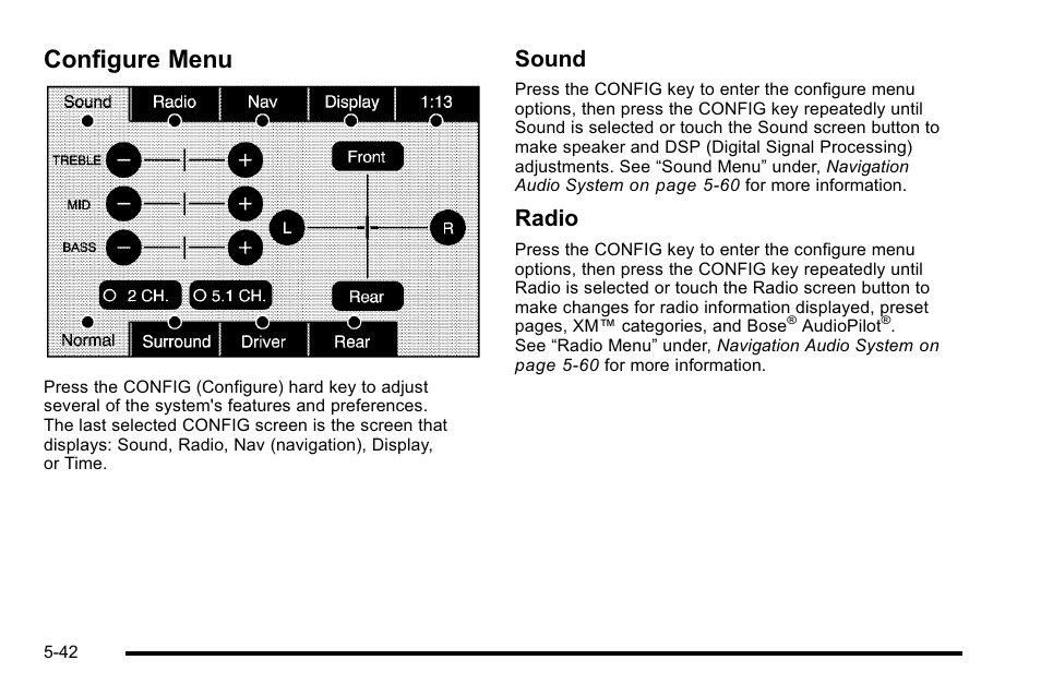 Configure menu, Configure menu -42, Auxiliary | Configure menu on, Sound, Radio | Cadillac 2010 Escalade User Manual | Page 342 / 614