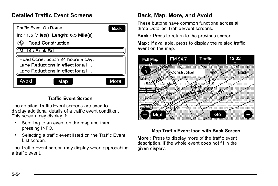 Detailed traffic event screens, Back, map, more, and avoid | Cadillac 2010 Escalade User Manual | Page 354 / 614