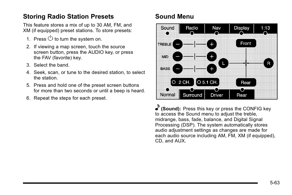 Storing radio station presets, Sound menu e | Cadillac 2010 Escalade User Manual | Page 363 / 614