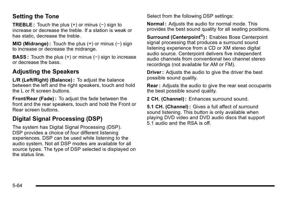 Setting the tone, Adjusting the speakers, Digital signal processing (dsp) | Cadillac 2010 Escalade User Manual | Page 364 / 614