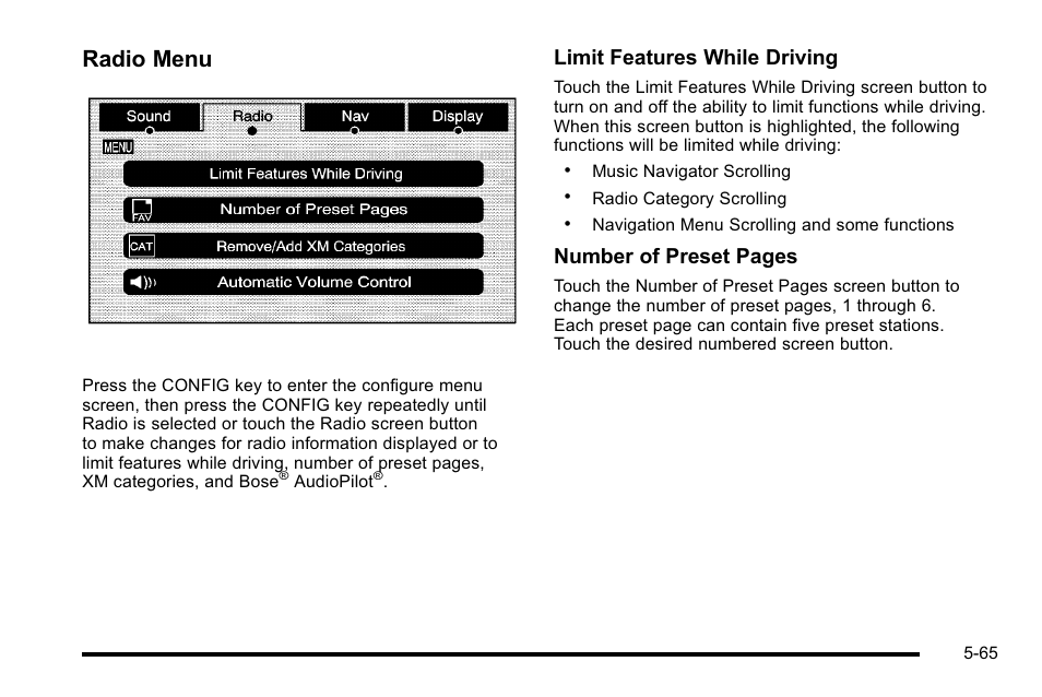 Radio menu, Limit features while driving, Number of preset pages | Cadillac 2010 Escalade User Manual | Page 365 / 614