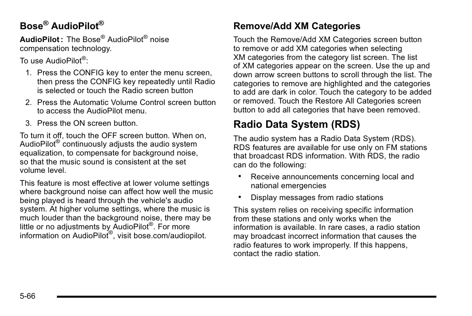 Radio data system (rds), Bose, Audiopilot | Remove/add xm categories | Cadillac 2010 Escalade User Manual | Page 366 / 614