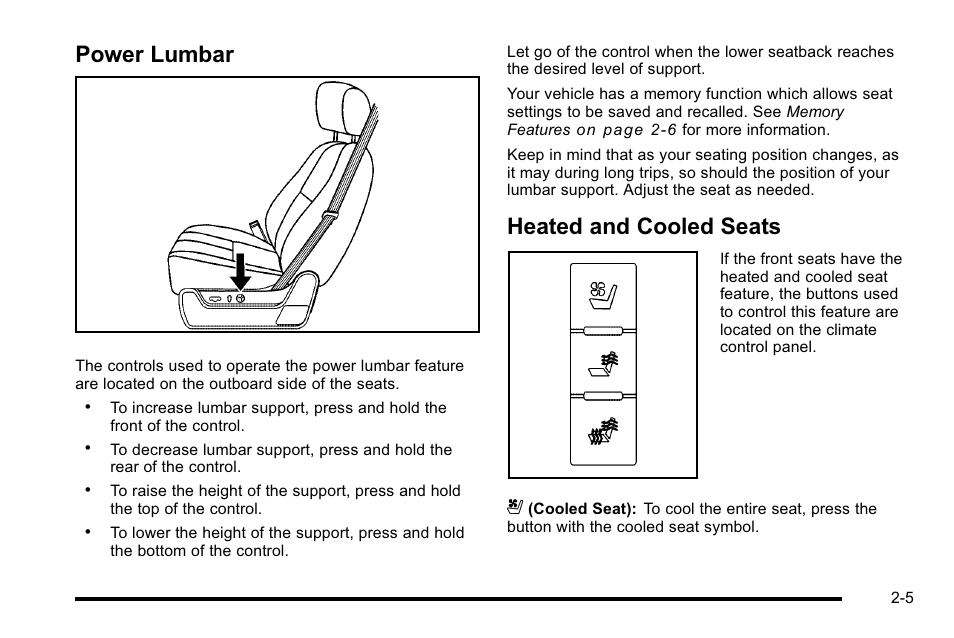 Power lumbar, Heated and cooled seats, Power lumbar -5 heated and cooled seats -5 | Cadillac 2010 Escalade User Manual | Page 37 / 614