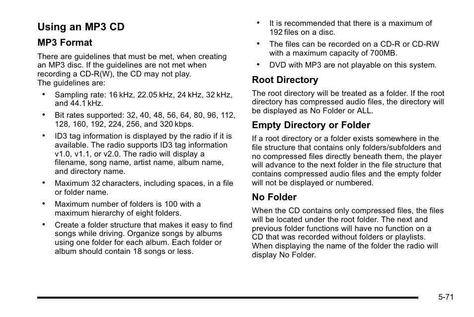 Using an mp3 cd, Mp3 format, Root directory | Empty directory or folder, No folder | Cadillac 2010 Escalade User Manual | Page 371 / 614