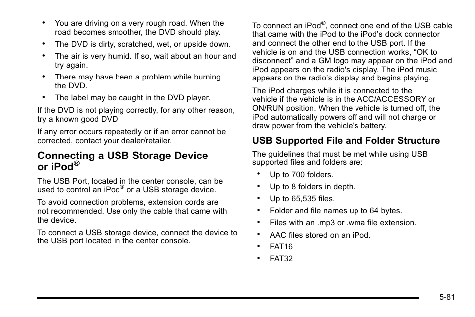 Connecting a usb storage device or ipod, Usb supported file and folder structure | Cadillac 2010 Escalade User Manual | Page 381 / 614