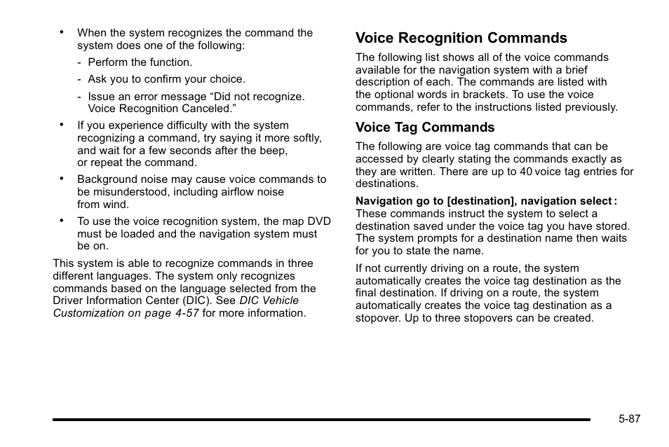 Voice recognition commands, Voice tag commands | Cadillac 2010 Escalade User Manual | Page 387 / 614