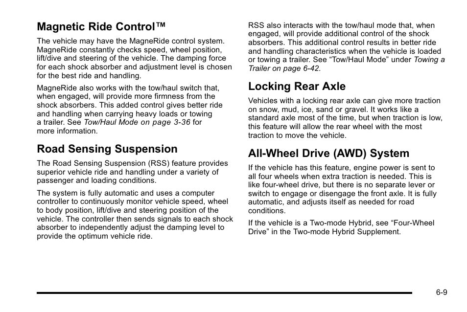 Magnetic ride control, Road sensing suspension, Locking rear axle | All-wheel drive (awd) system | Cadillac 2010 Escalade User Manual | Page 399 / 614