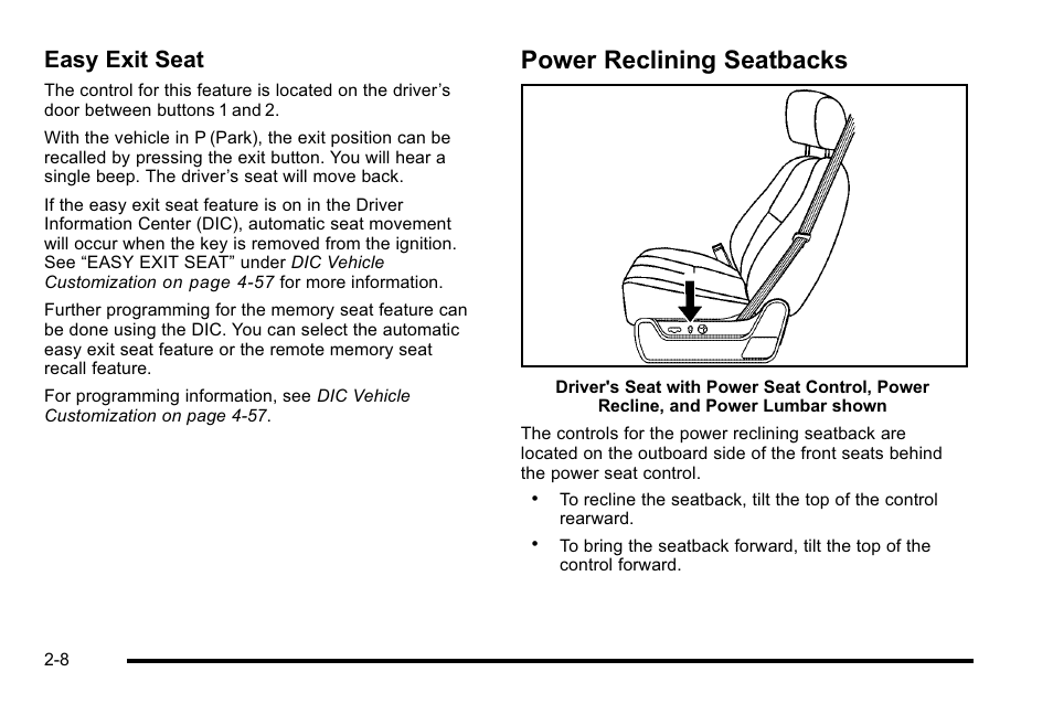 Power reclining seatbacks, Power reclining seatbacks -8, Easy exit seat | Cadillac 2010 Escalade User Manual | Page 40 / 614