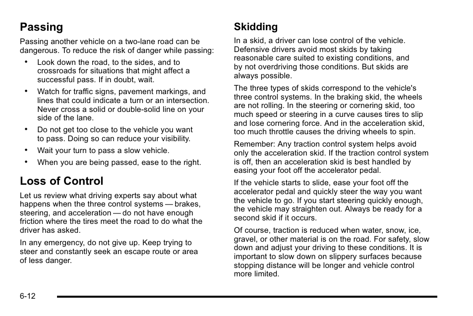 Passing, Loss of control, Passing -12 loss of control -12 | Skidding | Cadillac 2010 Escalade User Manual | Page 402 / 614