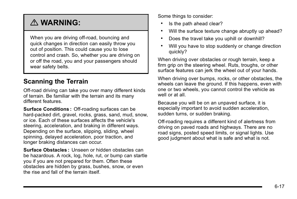 Warning, Scanning the terrain | Cadillac 2010 Escalade User Manual | Page 407 / 614