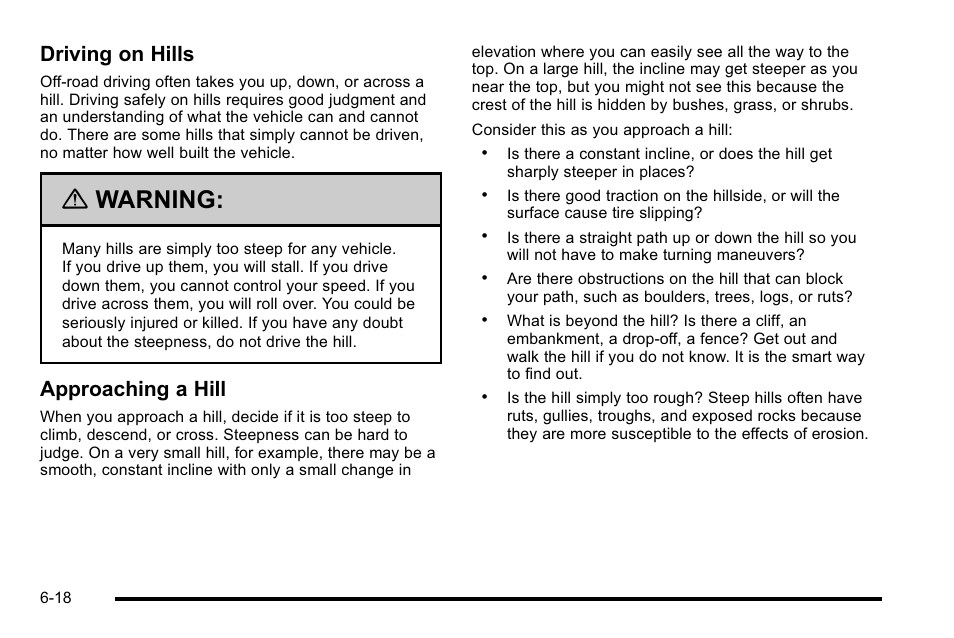 Warning, Driving on hills, Approaching a hill | Cadillac 2010 Escalade User Manual | Page 408 / 614