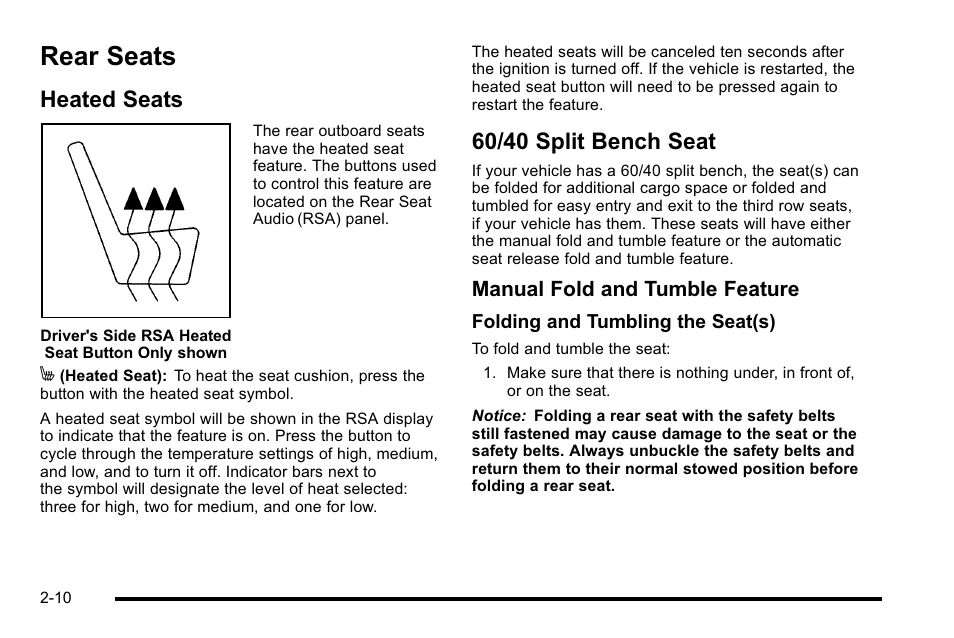 Rear seats, Heated seats, 60/40 split bench seat | Rear seats -10, Storage areas, Heated seats -10 60/40 split bench seat -10, Where, Manual fold and tumble feature | Cadillac 2010 Escalade User Manual | Page 42 / 614