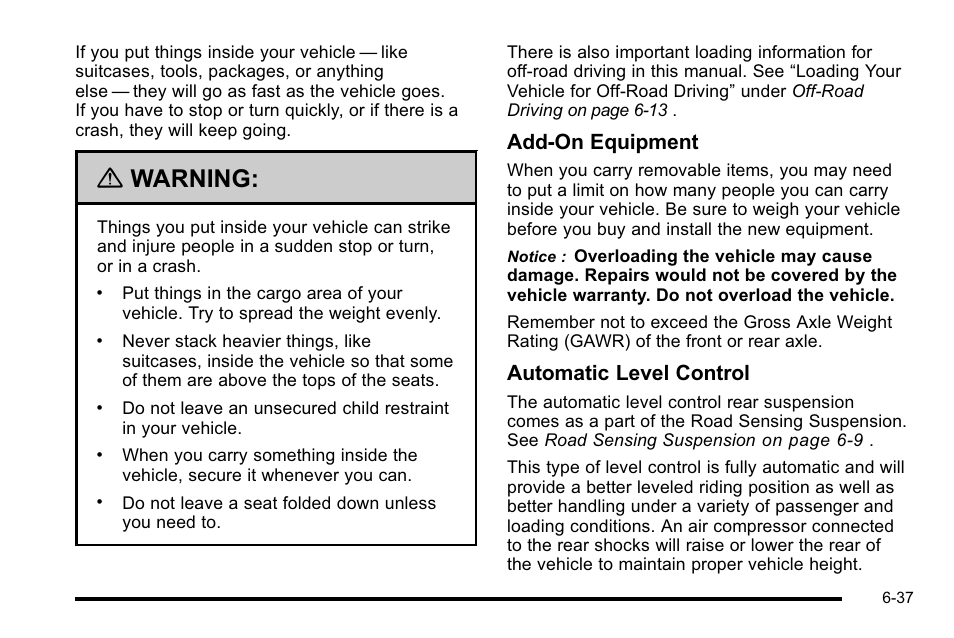 Warning, Add-on equipment, Automatic level control | Cadillac 2010 Escalade User Manual | Page 427 / 614