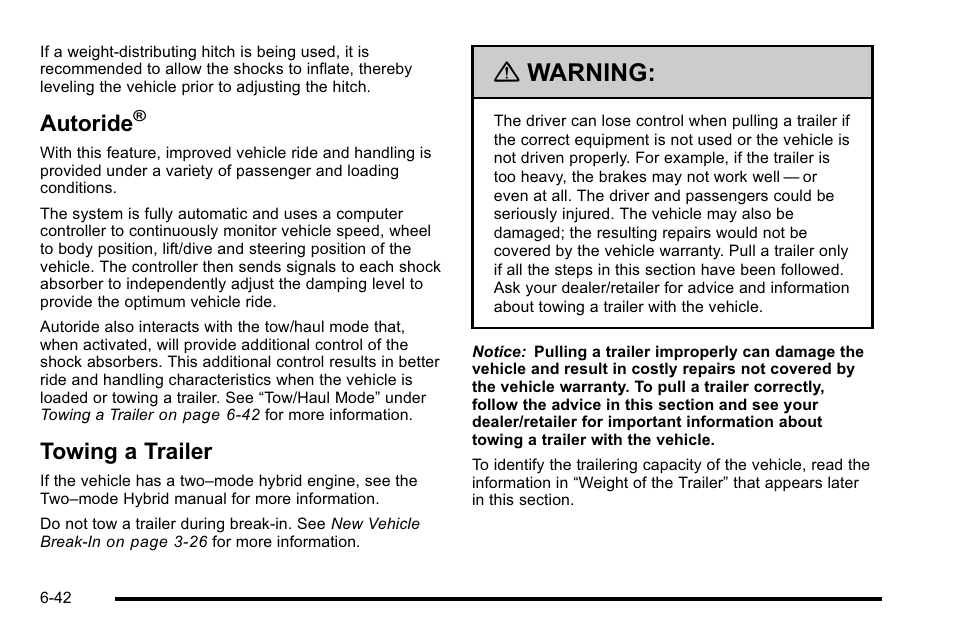 Autoride, Towing a trailer, Warning | Cadillac 2010 Escalade User Manual | Page 432 / 614