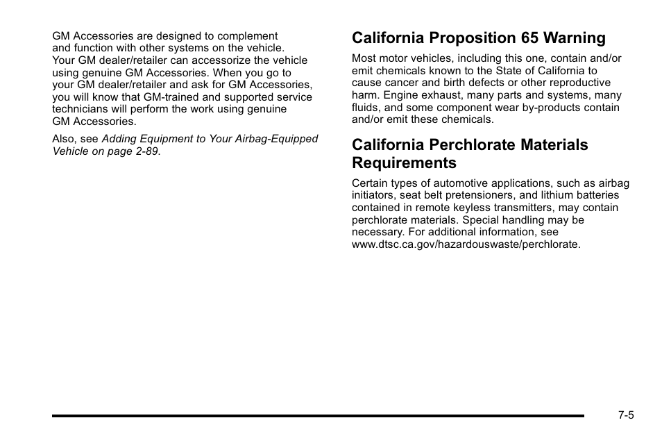 California proposition 65 warning, California perchlorate materials requirements, Requirements -5 | Cadillac 2010 Escalade User Manual | Page 451 / 614