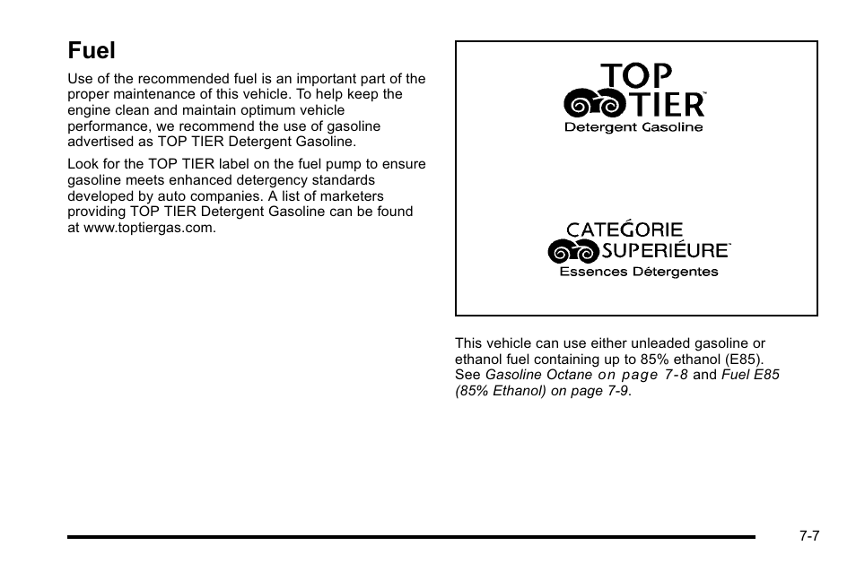 Fuel, Fuel -7, Customer assistance | Cadillac 2010 Escalade User Manual | Page 453 / 614