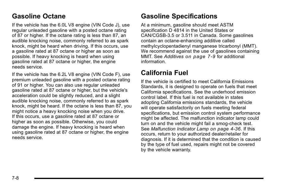 Gasoline octane, Gasoline specifications, California fuel | Cadillac 2010 Escalade User Manual | Page 454 / 614