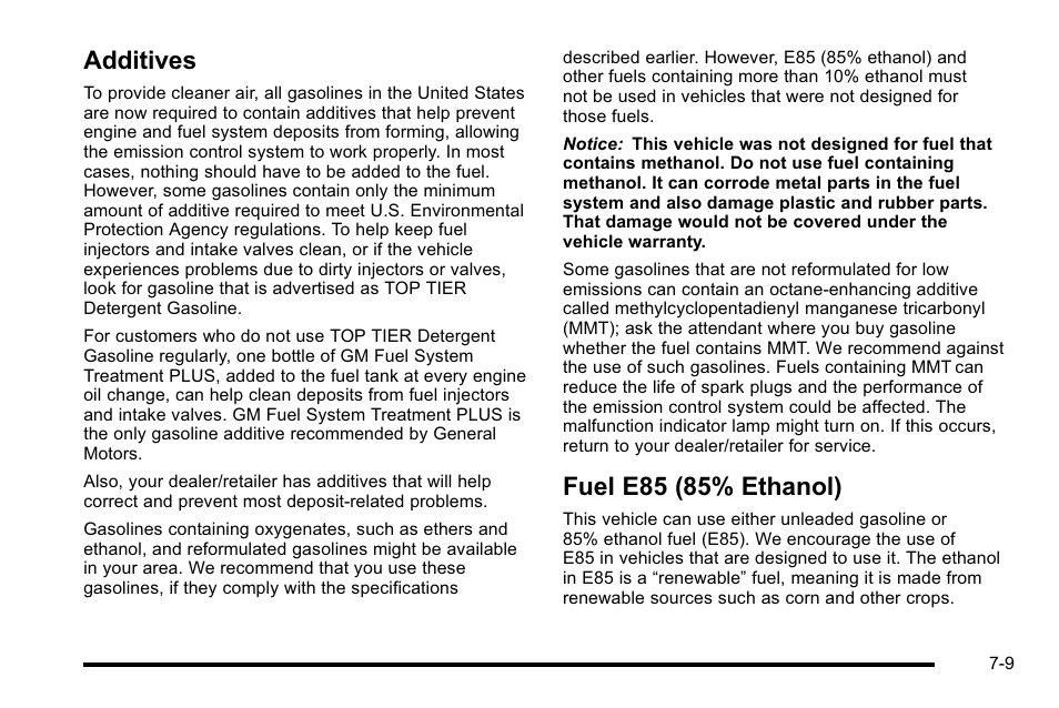 Additives, Fuel e85 (85% ethanol), Additives -9 fuel e85 (85% ethanol) -9 | Cadillac 2010 Escalade User Manual | Page 455 / 614