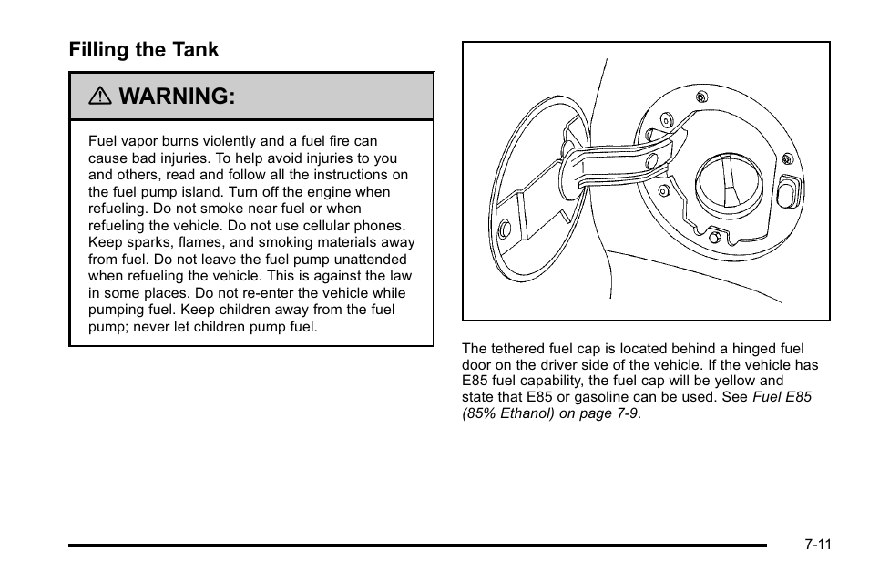 Filling the tank, Filling the tank -11, Warning | Cadillac 2010 Escalade User Manual | Page 457 / 614