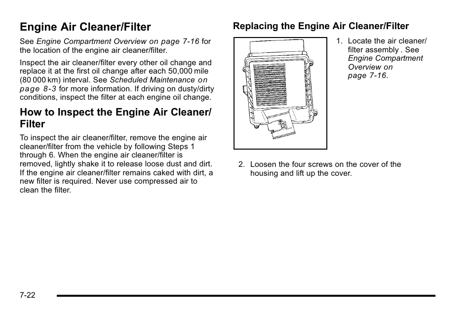 Engine air cleaner/filter, Engine air cleaner/filter -22, How to inspect the engine air cleaner/ filter | Cadillac 2010 Escalade User Manual | Page 468 / 614