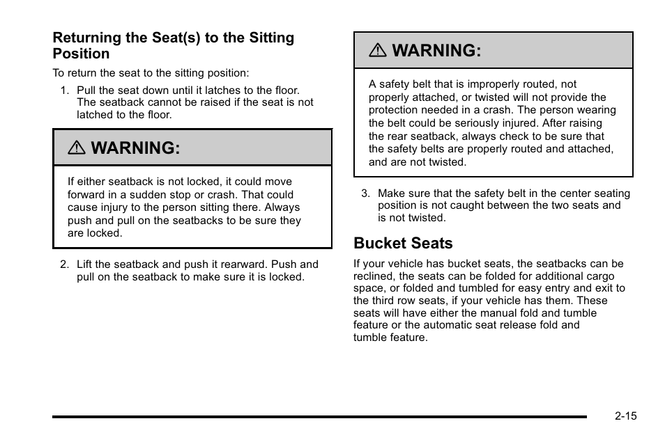 Bucket seats, Bucket seats -15, When | Warning | Cadillac 2010 Escalade User Manual | Page 47 / 614