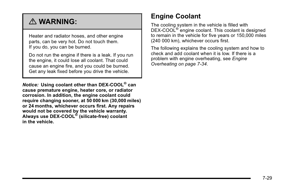 Engine coolant, Engine coolant -29, Warning | Cadillac 2010 Escalade User Manual | Page 475 / 614