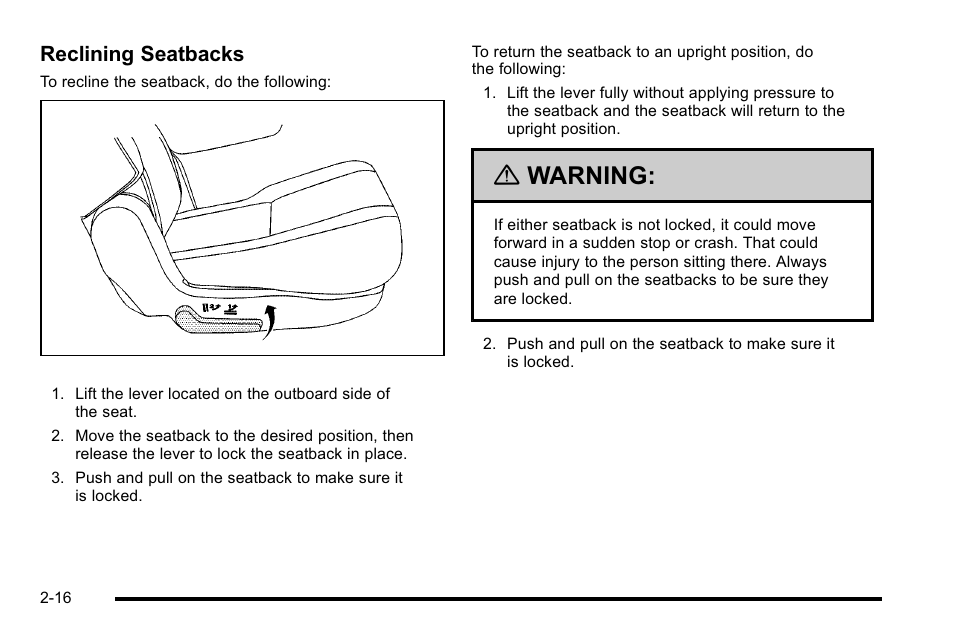 Warning, Reclining seatbacks | Cadillac 2010 Escalade User Manual | Page 48 / 614