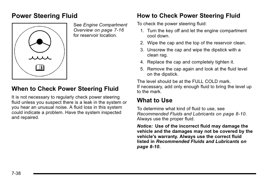 Power steering fluid, Power steering fluid -38, When to check power steering fluid | How to check power steering fluid, What to use | Cadillac 2010 Escalade User Manual | Page 484 / 614