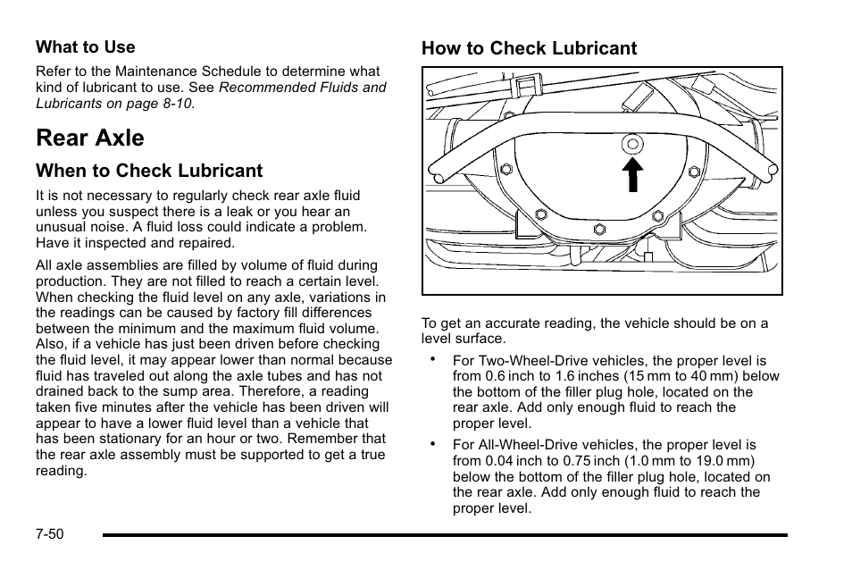 Rear axle, Rear axle -50, Vehicle | When to check lubricant, How to check lubricant | Cadillac 2010 Escalade User Manual | Page 496 / 614