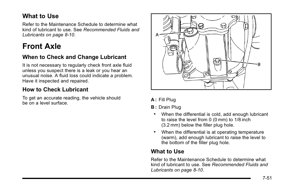 Front axle, Front axle -51, What to use | Cadillac 2010 Escalade User Manual | Page 497 / 614