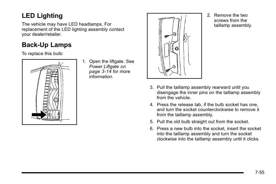 Led lighting, Back-up lamps, Led lighting -55 | Lamps -55 | Cadillac 2010 Escalade User Manual | Page 501 / 614