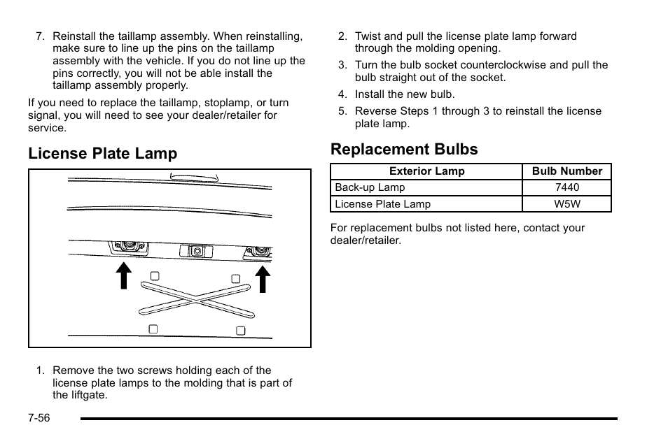 License plate lamp, Replacement bulbs, Plate lamp -56 replacement bulbs -56 | Cadillac 2010 Escalade User Manual | Page 502 / 614