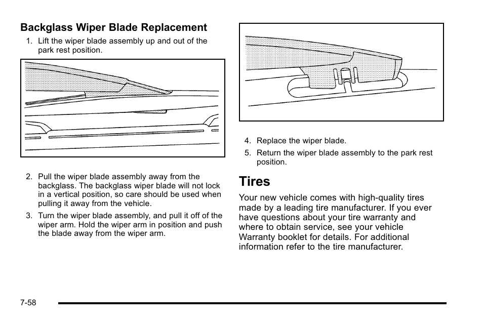 Tires, Tires -58, Backglass wiper blade replacement | Cadillac 2010 Escalade User Manual | Page 504 / 614