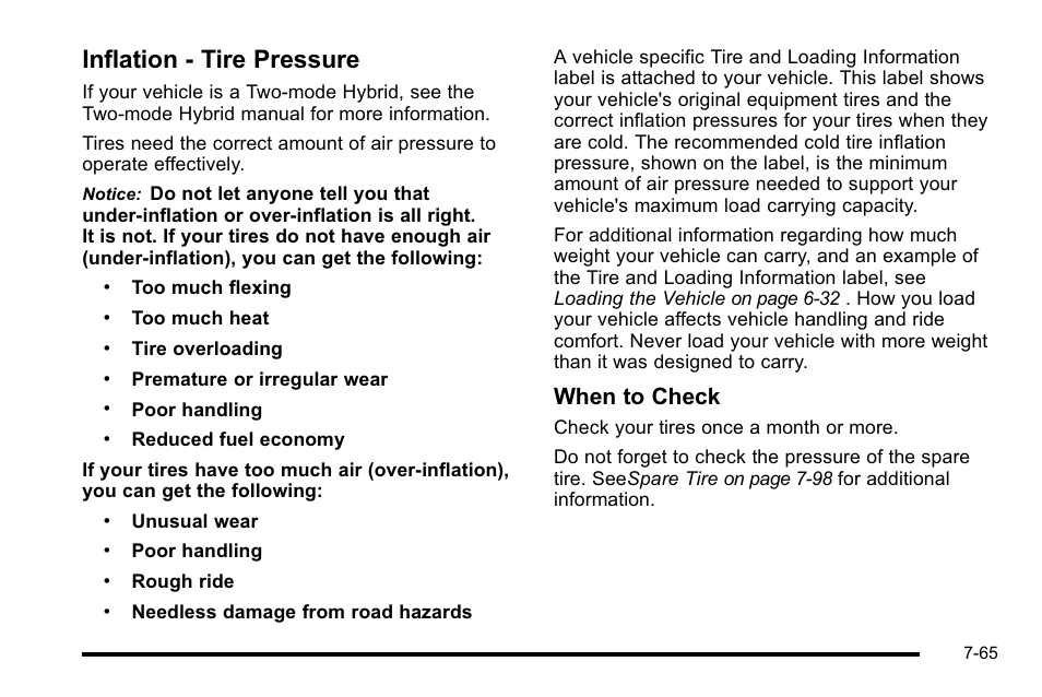 Inflation - tire pressure, Inflation - tire pressure -65, When to check | Cadillac 2010 Escalade User Manual | Page 511 / 614