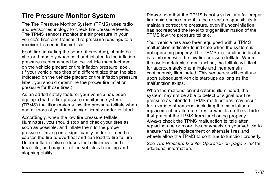 Tire pressure monitor system, Tire pressure monitor system -67 | Cadillac 2010 Escalade User Manual | Page 513 / 614