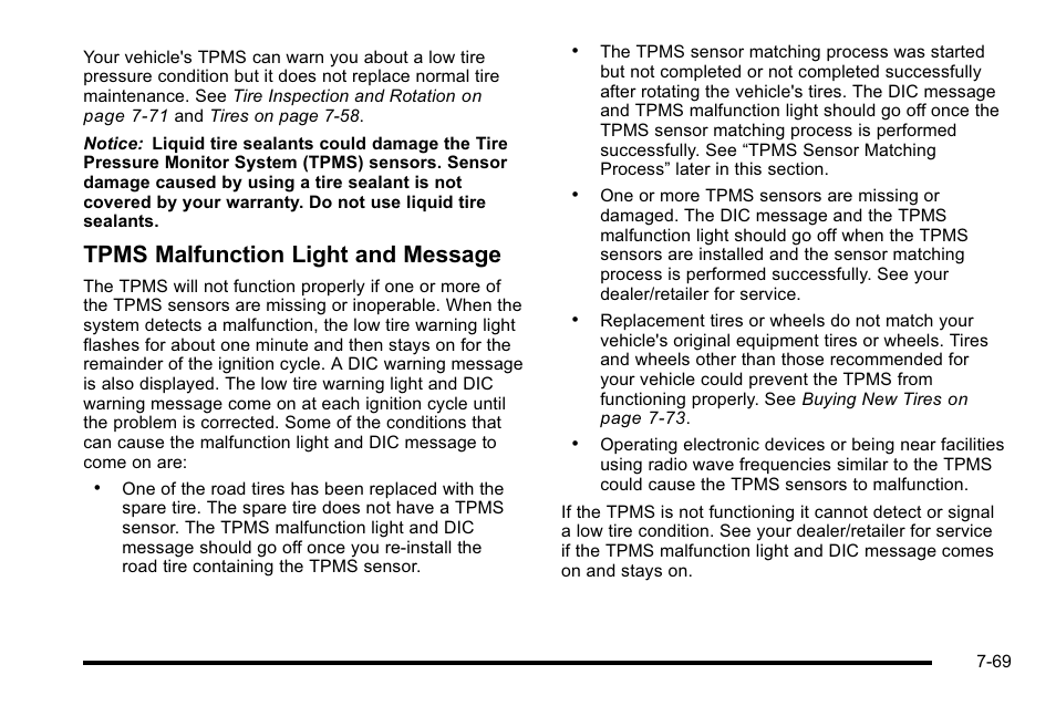 Tpms malfunction light and message | Cadillac 2010 Escalade User Manual | Page 515 / 614