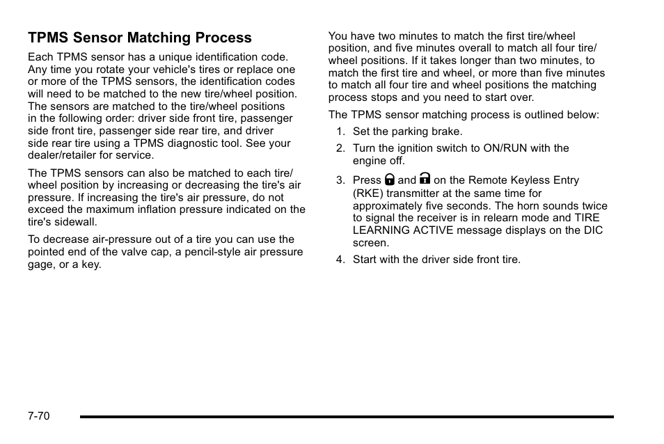 Tpms sensor matching process | Cadillac 2010 Escalade User Manual | Page 516 / 614