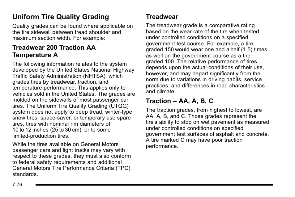 Uniform tire quality grading, Uniform tire quality grading -76, Finish | Cadillac 2010 Escalade User Manual | Page 522 / 614