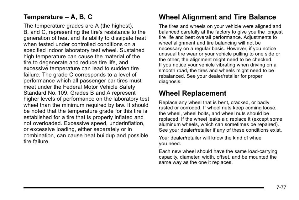 Wheel alignment and tire balance, Wheel replacement, Temperature – a, b, c | Cadillac 2010 Escalade User Manual | Page 523 / 614