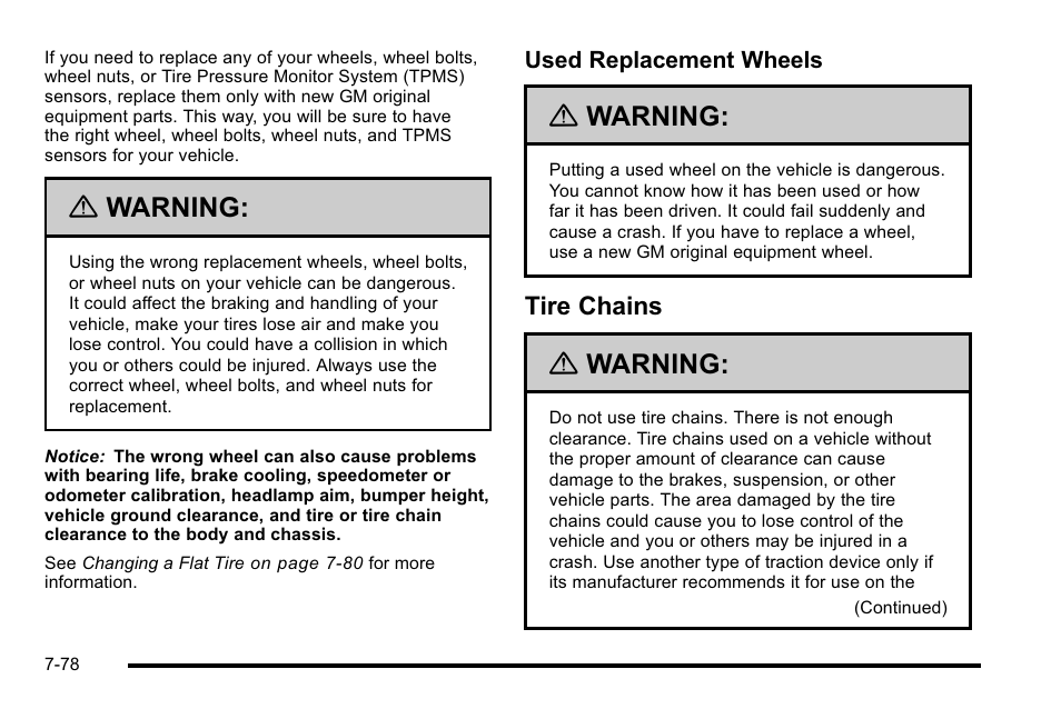 Tire chains, Tire chains -78, Warning | Cadillac 2010 Escalade User Manual | Page 524 / 614