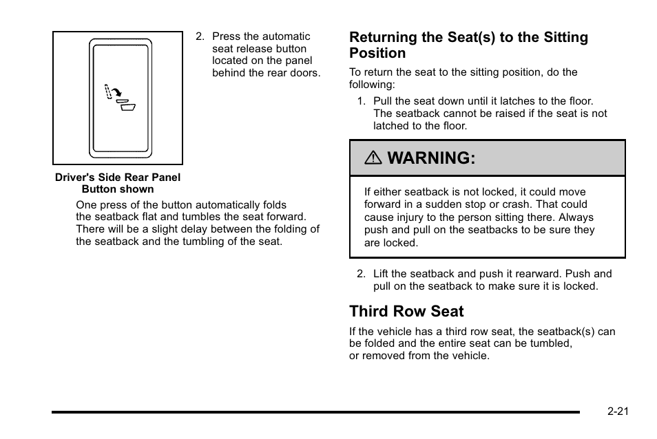 Third row seat, Third row seat -21, What makes | Warning, Returning the seat(s) to the sitting position | Cadillac 2010 Escalade User Manual | Page 53 / 614