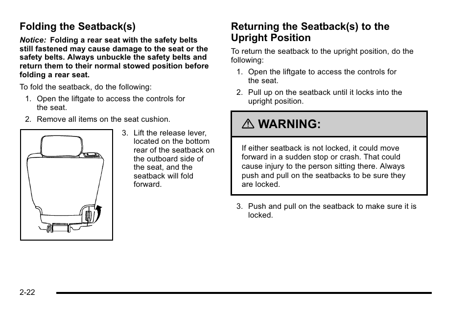 Warning, Folding the seatback(s), Returning the seatback(s) to the upright position | Cadillac 2010 Escalade User Manual | Page 54 / 614