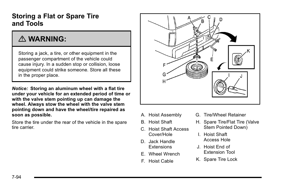 Storing a flat or spare tire and tools, Storing a flat or spare tire and tools -94, Warning | Cadillac 2010 Escalade User Manual | Page 540 / 614