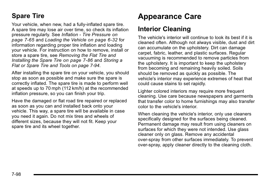 Spare tire, Appearance care, Interior cleaning | Care -98, Spare tire -98, Interior cleaning -98 | Cadillac 2010 Escalade User Manual | Page 544 / 614