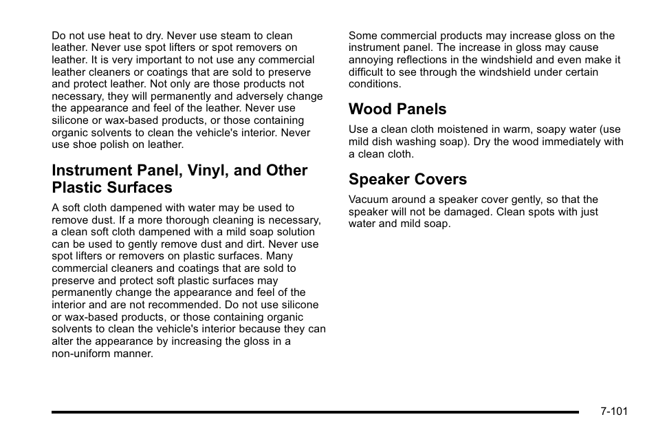 Wood panels, Speaker covers, Instrument panel, vinyl, and other plastic | Surfaces -101, Wood panels -101 speaker covers -101 | Cadillac 2010 Escalade User Manual | Page 547 / 614