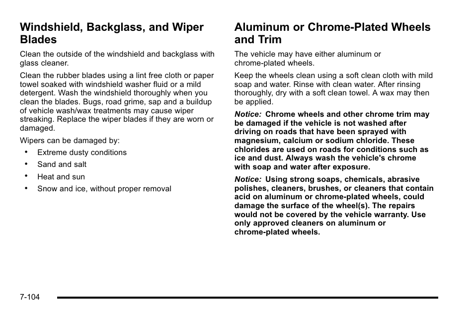 Windshield, backglass, and wiper blades, Aluminum or chrome-plated wheels and trim, And trim -104 | Cadillac 2010 Escalade User Manual | Page 550 / 614